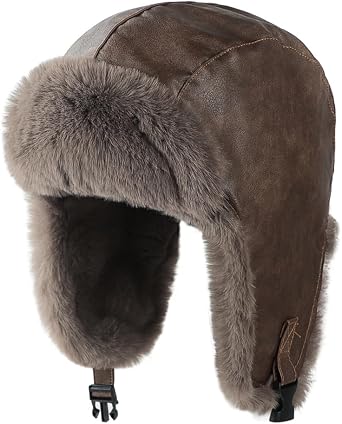 Men PU Leather Ushanka Trapper Hat Earflap Russian Trooper Hat Windproof Hunting Cap with Faux Fur Lining