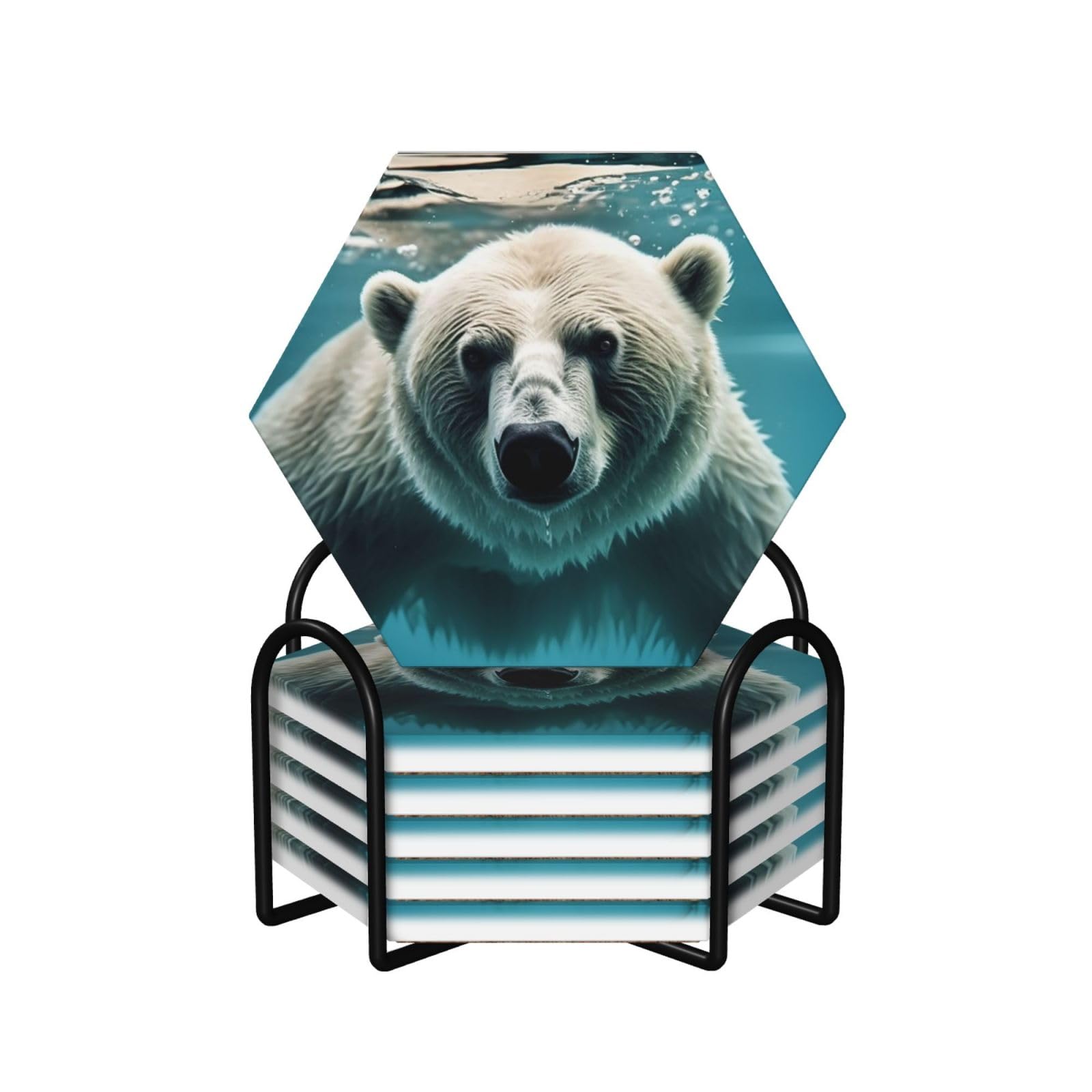 Bear Swimming Print Coasters for Drinks Set of 6 with Holder Cork Base Cup Coaster Absorbent Ceramic Cup Mat for Home Dining Room Decor