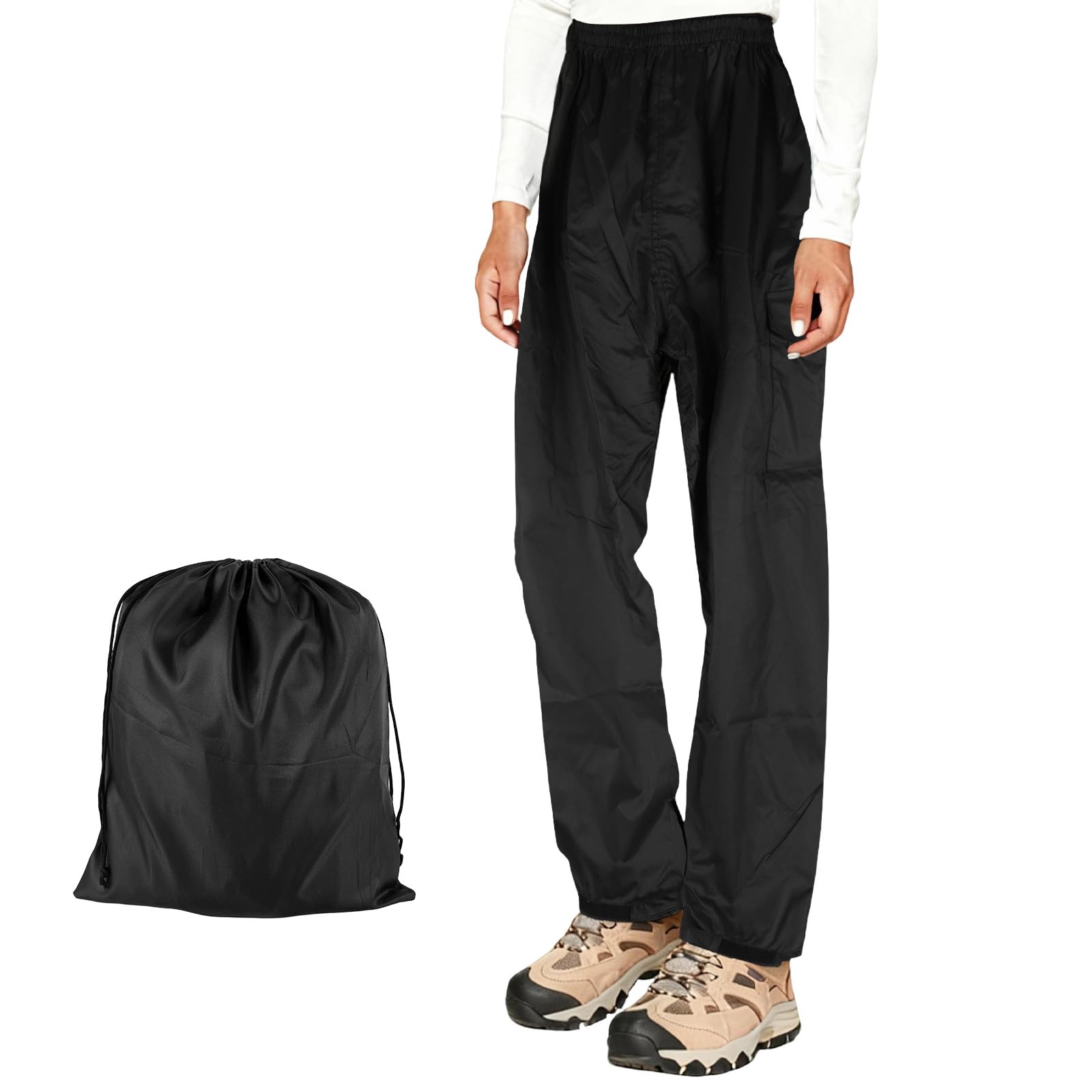 Womens Waterproof Mesh Lined Over Trousers Adjustable Waist and Cuffs at Ankle Packable Rain Pants with Storage Bag-image-49