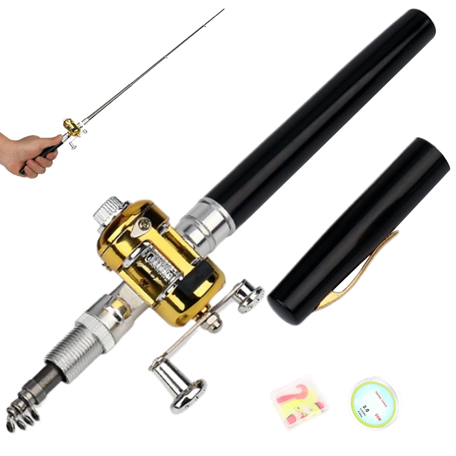 Petite canne à pêche stylo canne à pêche, 21,6 cm, mini canne à pêche, 5 sections, canne à pêche télescopique avec moulinet, canne à pêche portable noire
