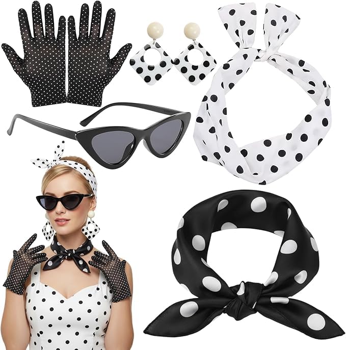 ZYLOUY 5 Stück Schwarz und Weiß 50er Jahre Outfit Damen, Rockabilly Damen, Rockabilly Kostüm Women, Vintage Karneval Accessoires, 60er Jahre Outfit...