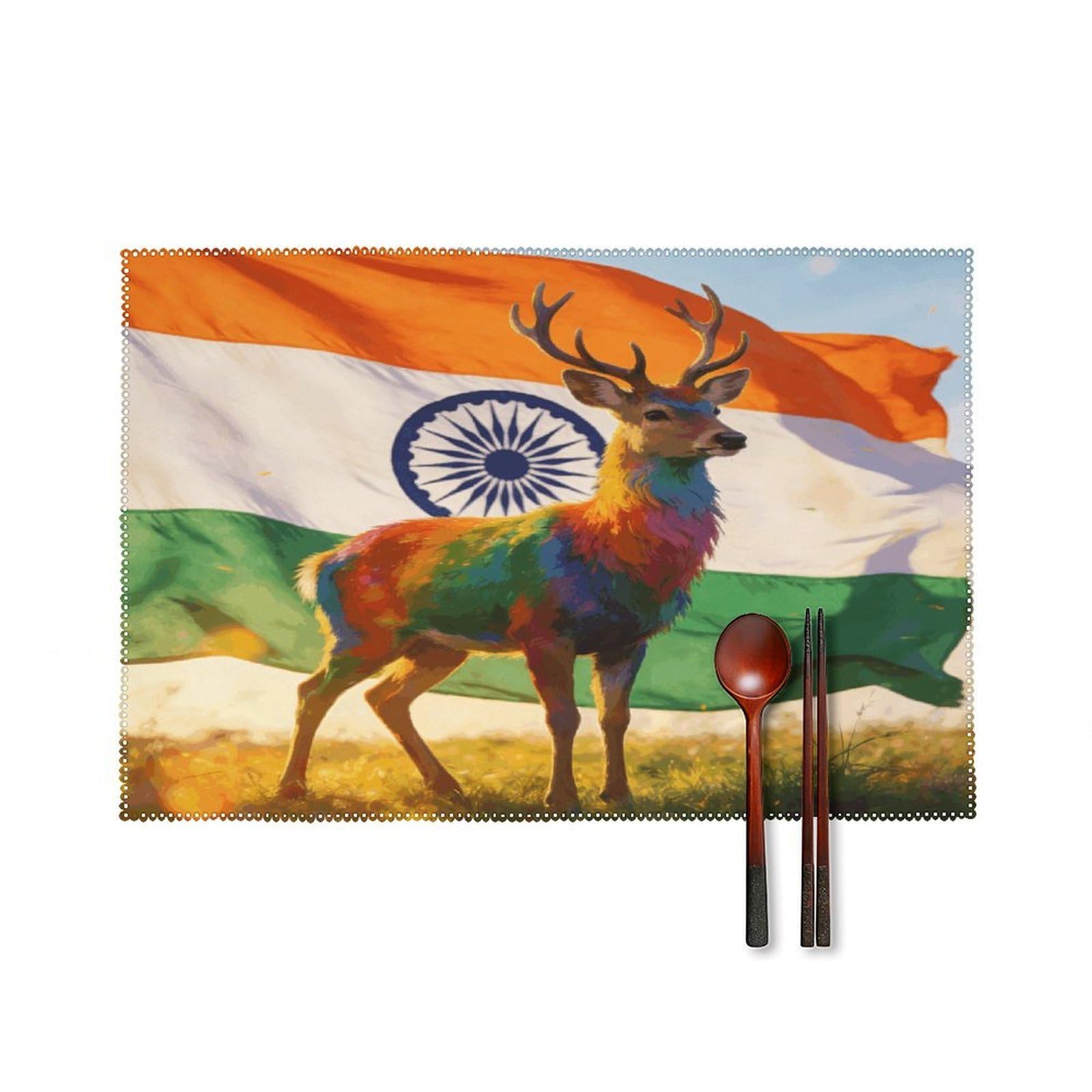 Khauerbc Style Colorful Deer And National Flag Placemats Set Of 6,Decorating The Dining Table，Canvas Washable Table Mats，Wipe Clean Anti Slip Dining Table Place Mats For Party Kitchen Dining Decoration