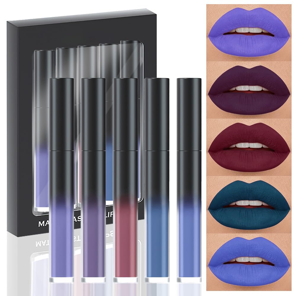 evpct 5Pcs Dark Light Blue Plum Purple Red Violet Matte Liquid Lipstick Lip Stain Sets for Women Matte+Lipstick Long Lasting 24 hr Hours Magic Lipstick 24 Hours original Waterproof Set02