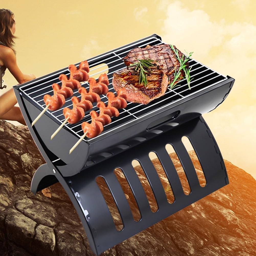 Parrilla portátil plegable de metal para cocinar al aire libre con ventilación, fácil de limpiar, estable para camping, jardín, fiesta
