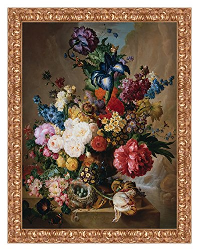 LuxHomeDecor Quadro stampa su tela Jan Van Os Poppies, Peonies and other Flowers in a Terracotta Vase con cornice in legno oro classico misura 53x43 CM
