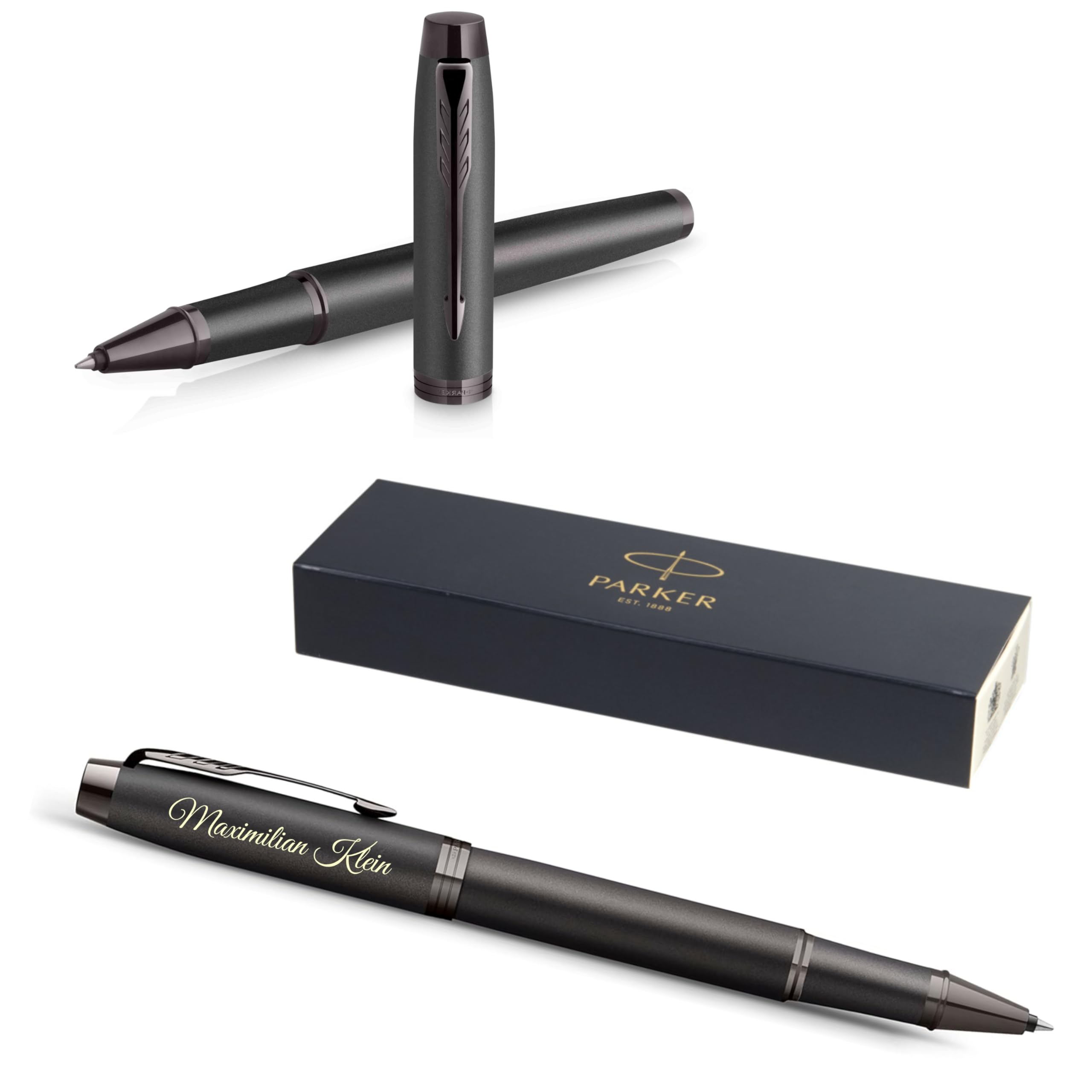 Parker IM Professionals Stylo roller monochrome avec gravure - Stylo de qualité supérieure - Boîte cadeau - mine noire - Cadeau personnalisé - Nom - Anniversaire (bronze)