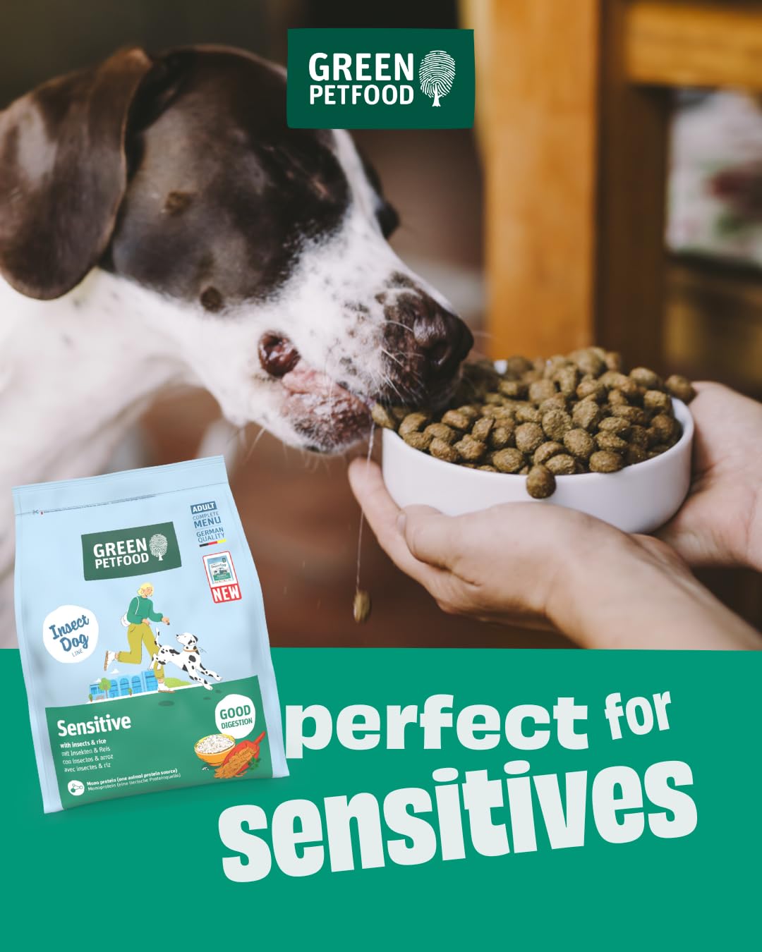 Green Petfood InsectDog Sensitive mit Insekten & Reis (1 x 10 kg) | Adult | Premium Trockenfutter für ausgewachsene Sensible Hunde | Insekten als einziges tierisches Protein | weizenfrei | 1er Pack