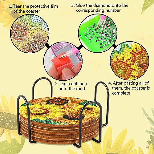Image of 8 Pcs Sunflower Diamond Painting Coasters with Holder, DIY Diamond Art Coasters Kit, Small Diamond Art Kits Non Slip Handmade Table Decor Craft for Adults
