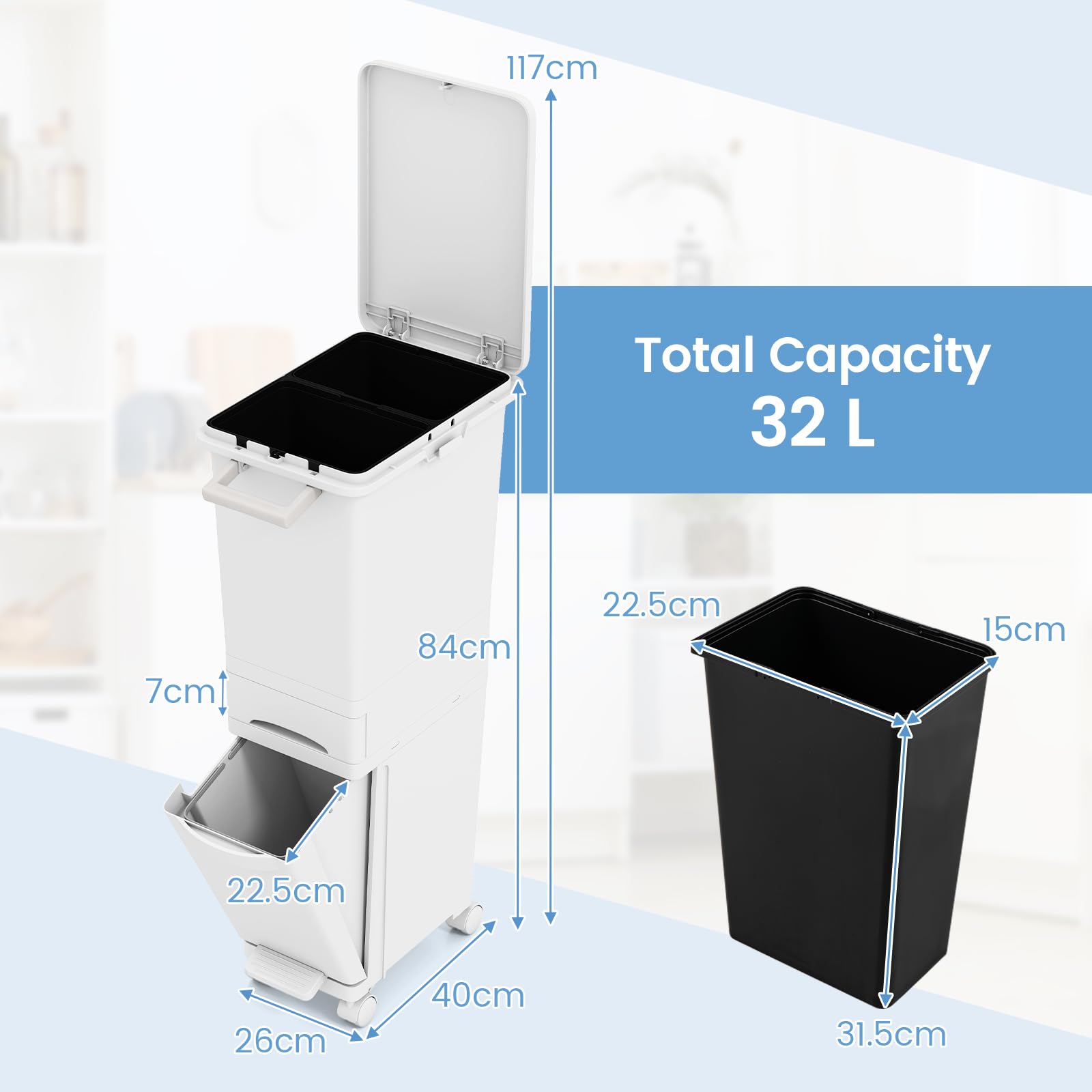 GOPLUS Cubo de Basura Vertical 30L, 3 en 1 con Pedal y Ruedas, Contenedor de Basura con Cubierta, Cajón y Pegatinas de Clasificación para Cocina y Sala de Estar (Blanco)