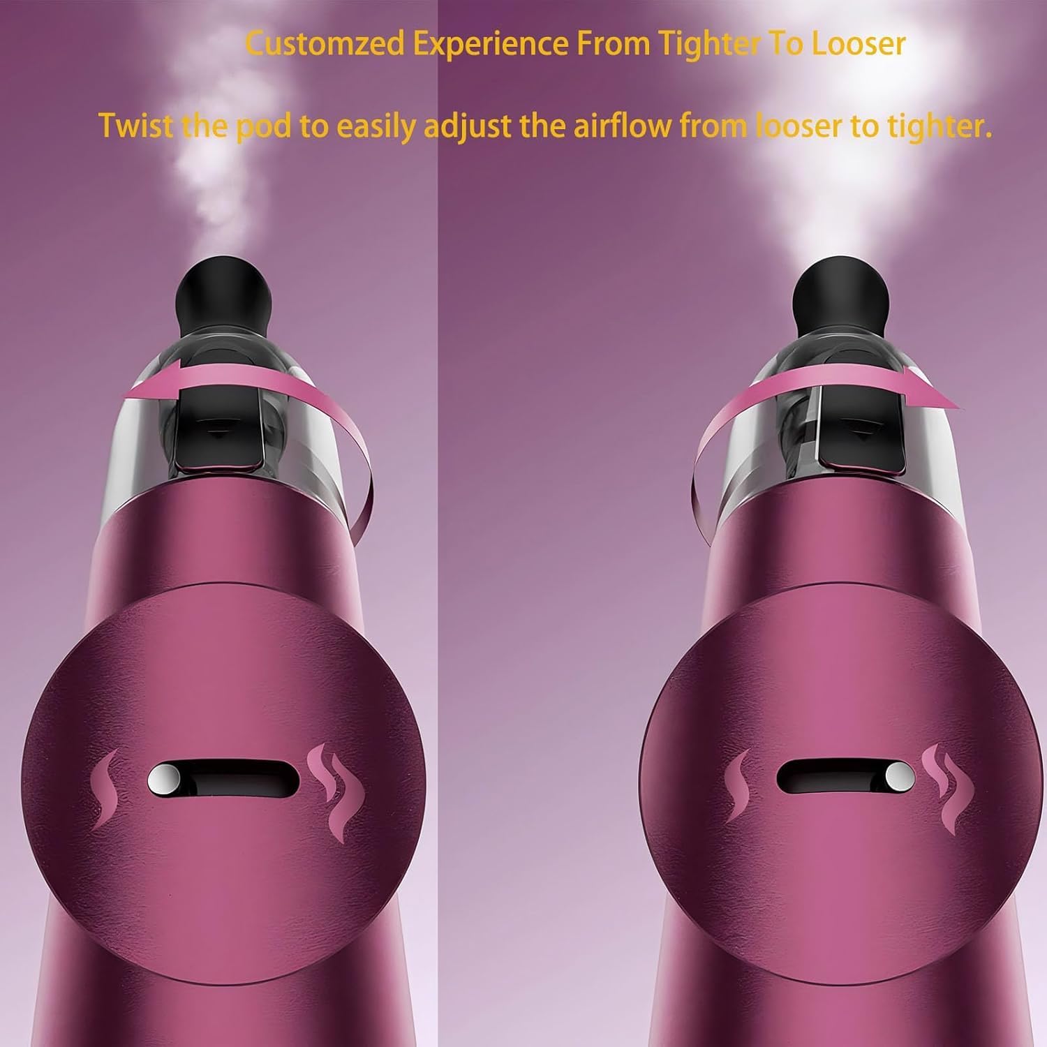 Two images showing the Vaporesso ECO ONE PRO device with arrows indicating how to twist the pod to adjust airflow from tighter to looser.