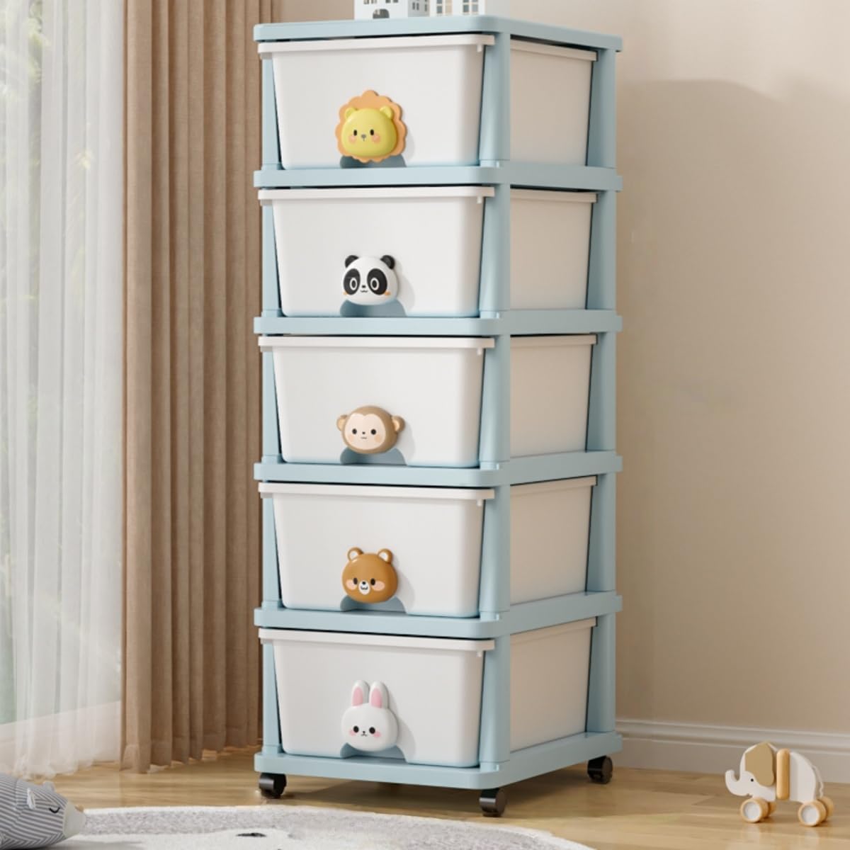 5 Tier Toy Storage Organizer with Wheels, Large Toy Chest with Drawer, Cartoon Design Storage Bin for Kids Bedroom, Nursery, Kindergarten, Daycare Classroom