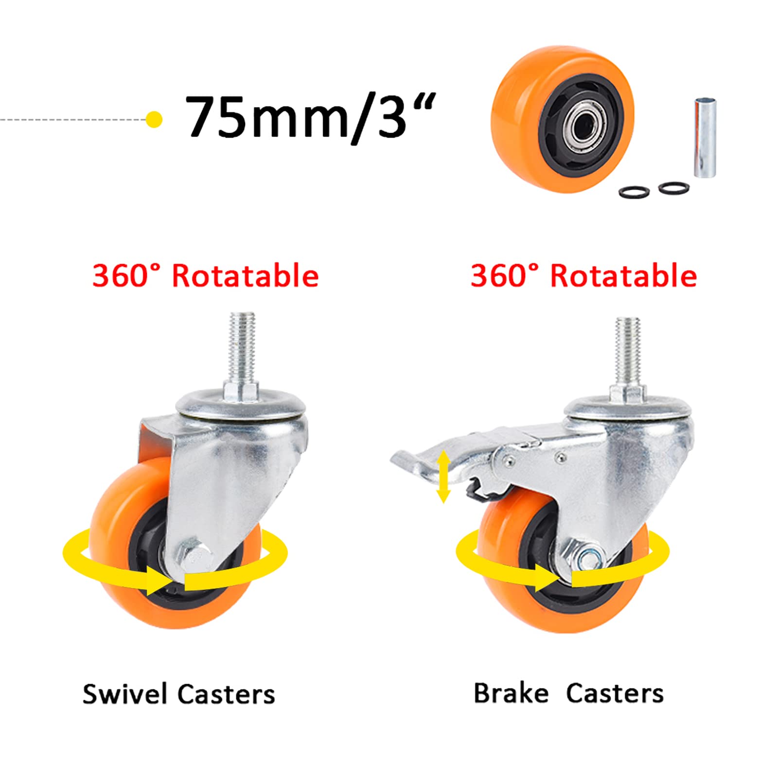 Wytrzymały wózek 75 mm z hamulcem, pręt gwintowany M12 x 30 mm, ciche kółka obrotowe do przenoszenia mebli, nośność 90 kg na koło, zestaw 4 kółek Trans