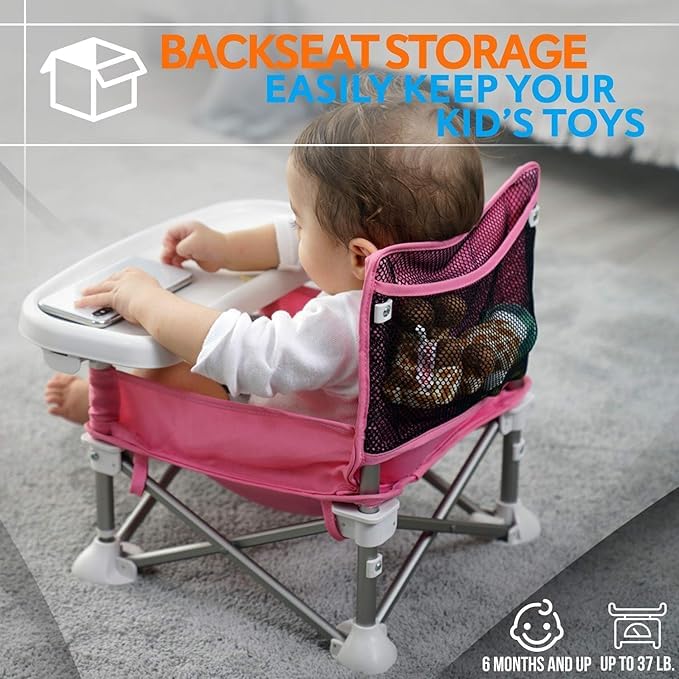 Anadi Baby Travel Booster Seat - Toddler Foldable Camping Chair, Compact Portable Baby Seat with Removable Dining Tray for Boys Girls (Pink) - Image 7 thumbnail
