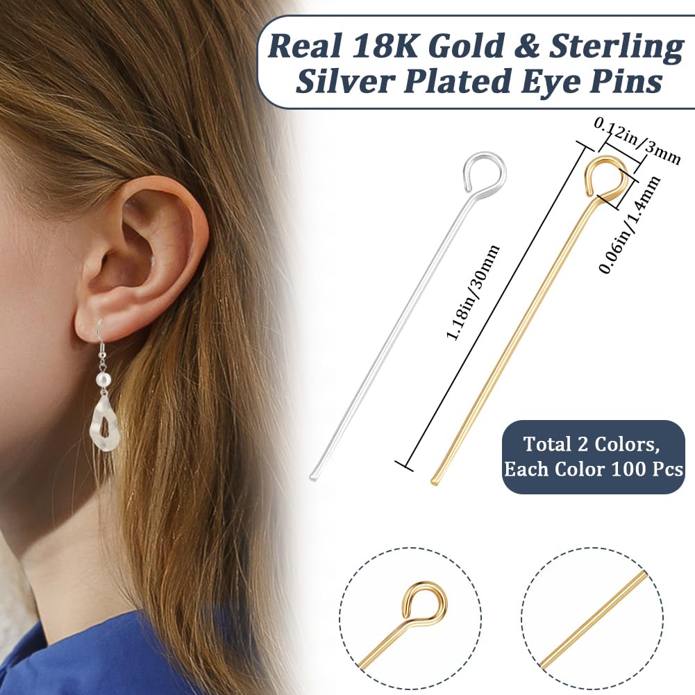 Beebeecraft 1 Box 200Pcs Eye Pins 18K Gold&925 Sterling Silver Plated Open Flat Head Bendable Eye Pins 30mm for Jewelry Making Beading Earring Bracelet Necklace DIY