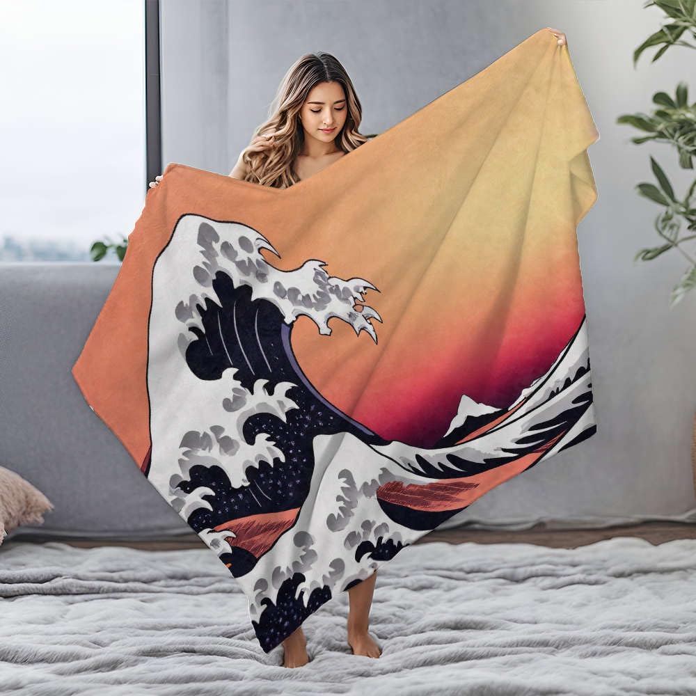 Couverture en flanelle vague et montagne coucher de soleil pour chiot plaid doux 150x200 cm