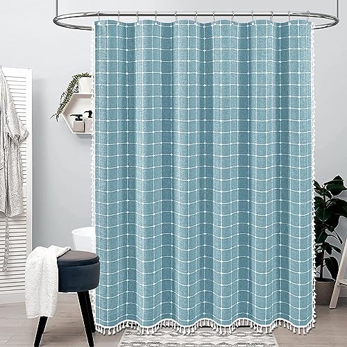 Image of BTTN Boho Farmhouse Shower Curtain - Linen Rustic Heavy Duty Fabric Shower Curtain Set with Tassel, Water Repellent, Bohemian Vintage Country Cloth Shower Curtains for Bathroom, Teal /Turquoise, 72x72