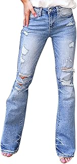 Paitluc Destroyed Ripped Flare Jeans 2022 Fashion Mid Rise Fitted Flare Jeans for Women