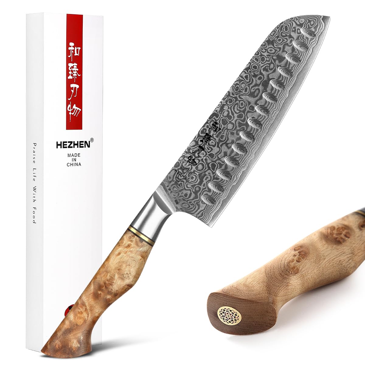 HEZHEN Nóż Santoku, Nóż Szefa Kuchni ze Stali Damasceńskiej, Azjatycki Nóż Kuchenny w Stylu Japońskim,Rękojeść z Drewna Sycamore