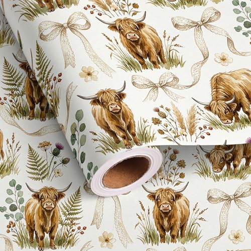 Altarho Highland Cow Wrapping Paper Roll - White Bow Watercolor Cow Design Gift Wrap for Birthday Baby Shower Holiday DIY Craft - Total 28.5 sq.ft