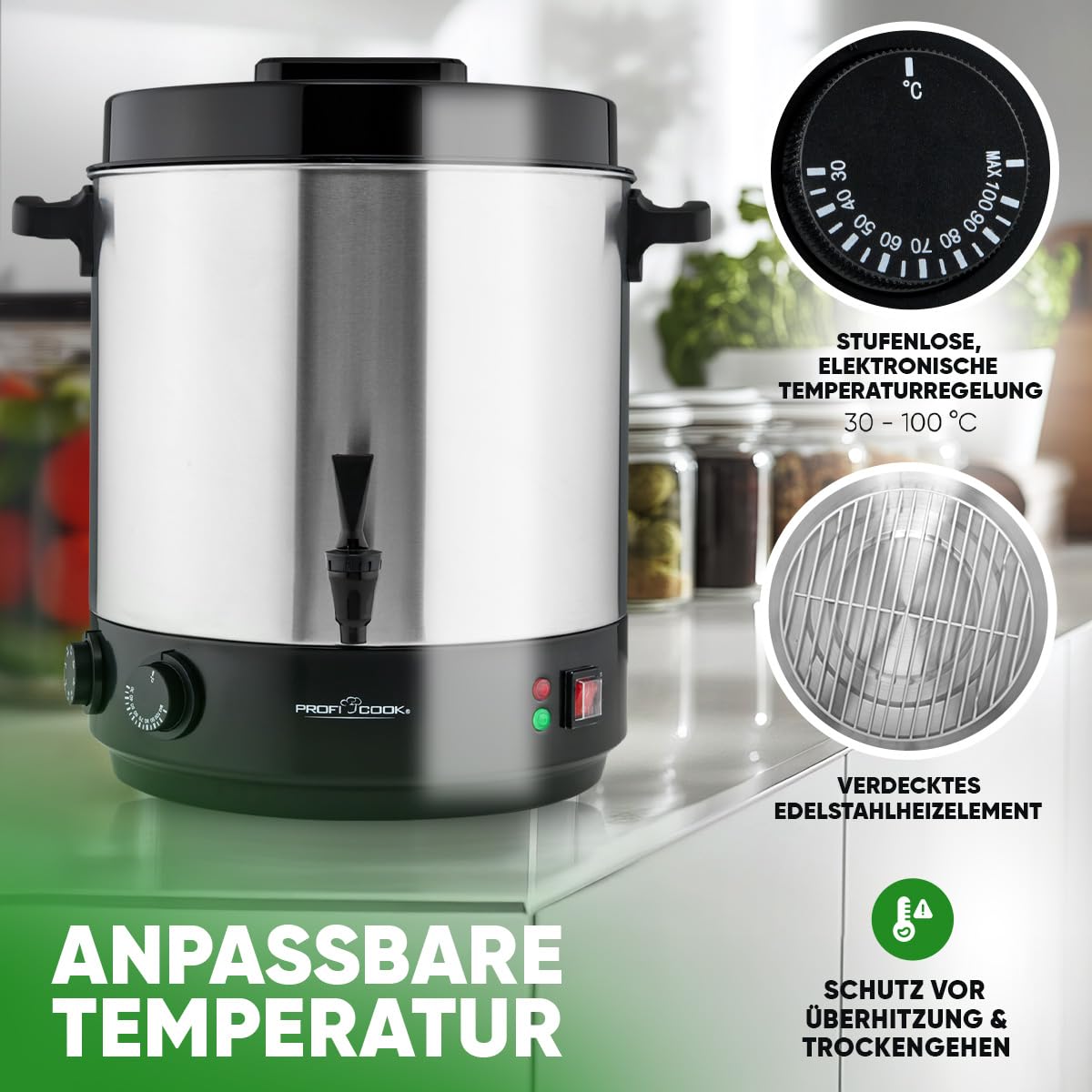 ProfiCook® 2en1 máquina para hervir y bebidas calientes | depósito de 32L | función mantener caliente | 2100W | 30°C - 100°C | hervidor de acero inoxidable | con grifo de vaciado | PC EKA 1283