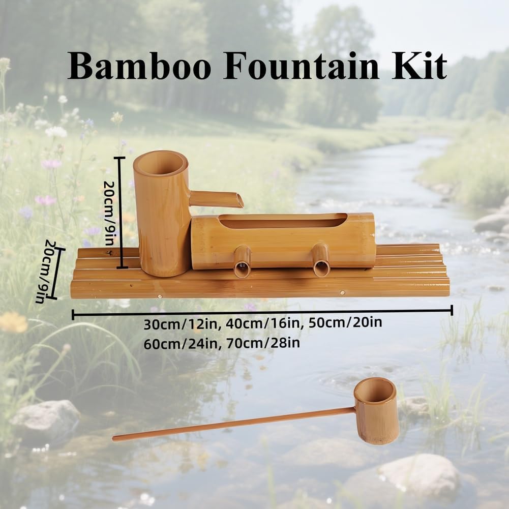 DIY Bamboo Fountain Kit with Solar Panel, Split-Resistant Bamboo with Pump, Solar Powered Bird Bath Fountain Pump, for Pond, Pool, Garden, Fish Tank, Aquarium,60cm/24in