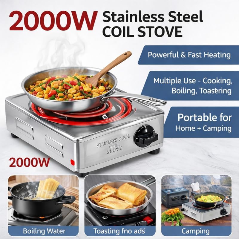 Image of Drumstone LIMITED 1 Year Warranty 2000W Jumbo Stainless Steel Electric Hot Plate - Portable Single Burner Coil Stove with Adjustable Temperature Control for Home, Kitchen & Office Use
