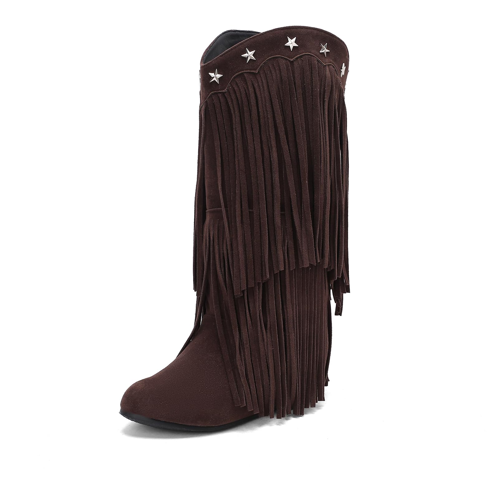 Botas de Flecos Mujer Botas Vaqueras Cuña Oculta Tachuelas Estrella