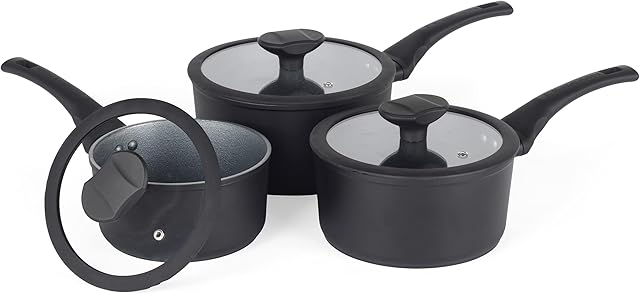 Russell Hobbs RH02131EU7 Saucepan Set, 3 Piece Non-Stick Induction Pans with Lids, Tall Body for Larger Capacity Batch Cooking, Use Little or No Oil, Metal Utensil Safe, Crystaltech, 16/18/20cm