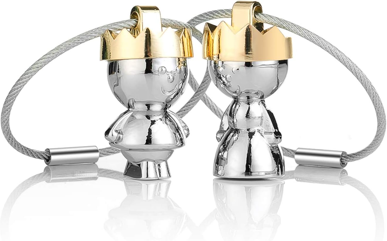 2 x Queen and King Crown Keyring for Couples, 1 Pair of Small Love Keyrings, Stainless Steel Cable Decorative Lanyard for Partner Lover Best Friend Friendship Gift
