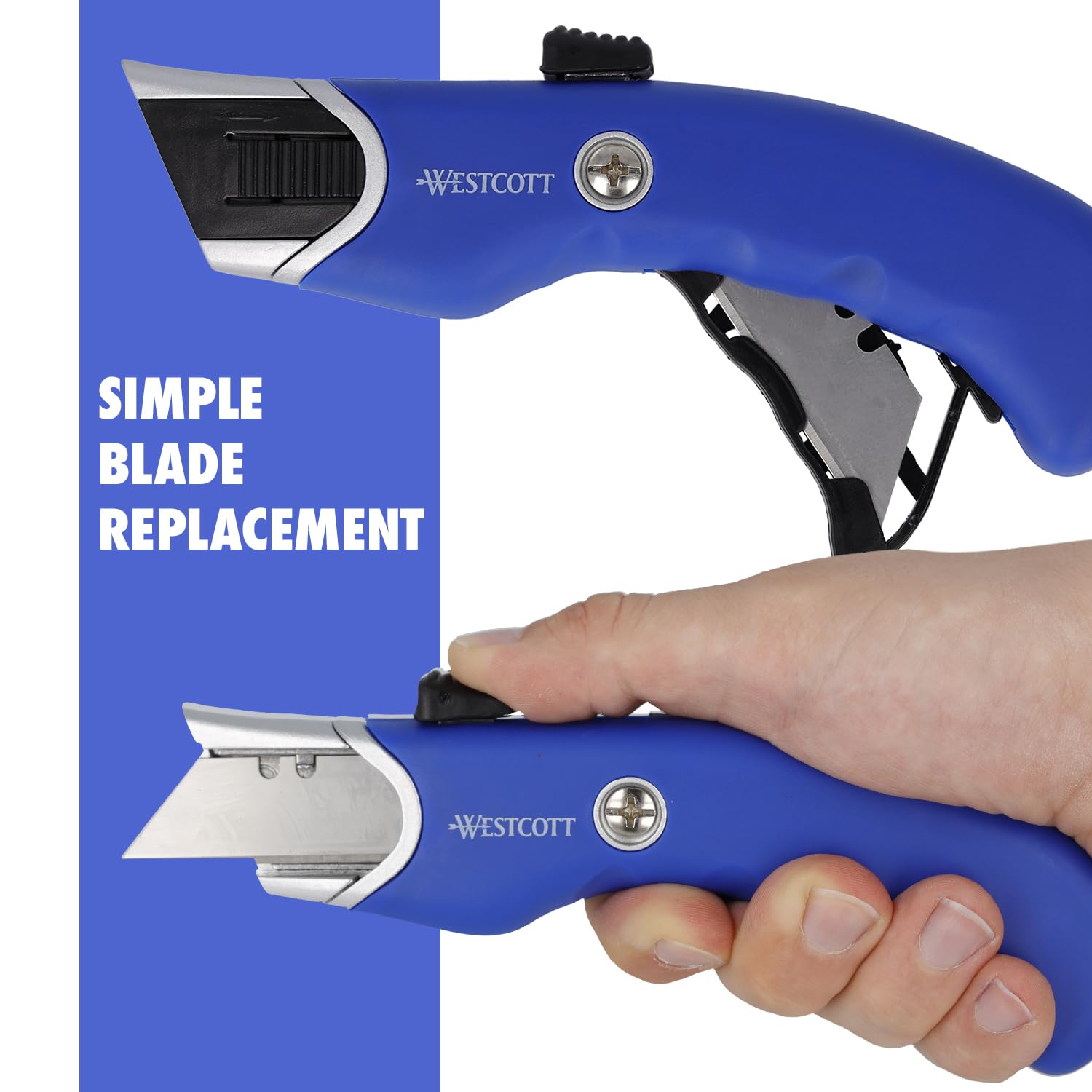 Westcott Taglierina di sicurezza resistente, 6 pezzi | Coltello multiuso con lama trapezoidale da 19 mm | Include 5 lame di ricambio | Lama a molla per la massima sicurezza | Manico ergonomico |