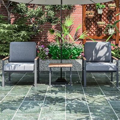 KMX Aluminum 3-Piece Patio Conversation Bistro Set with 2 High-Backrest Chairs, Gray Cushions, and a Chic Coffee Table, All-Weather Patio Outdoor Furniture Set for Porch, Balcony, Backyard