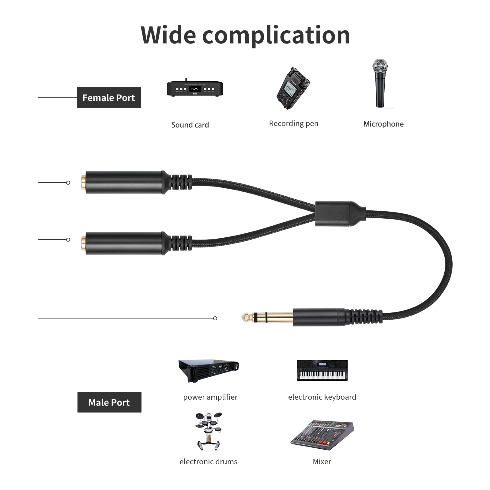 Cavo splitter da maschio stereo da 6,35 mm a doppia femmina da 6,35 mm, cavo da TRS a doppio TS Y, adattatore TS placcato oro per chitarra, tastiera e interfacce audio, confezione da 2
