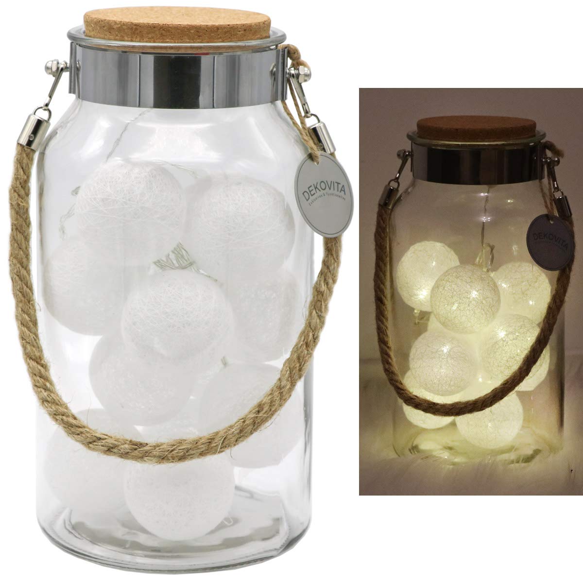 Dekovita Dekoglas H:30cm Korkdeckel inkl. Tronje 10 LED Lichterkugeln 4h-Timer Lichterkette Baumwollkugeln Warm-Weiß Beleuchtung