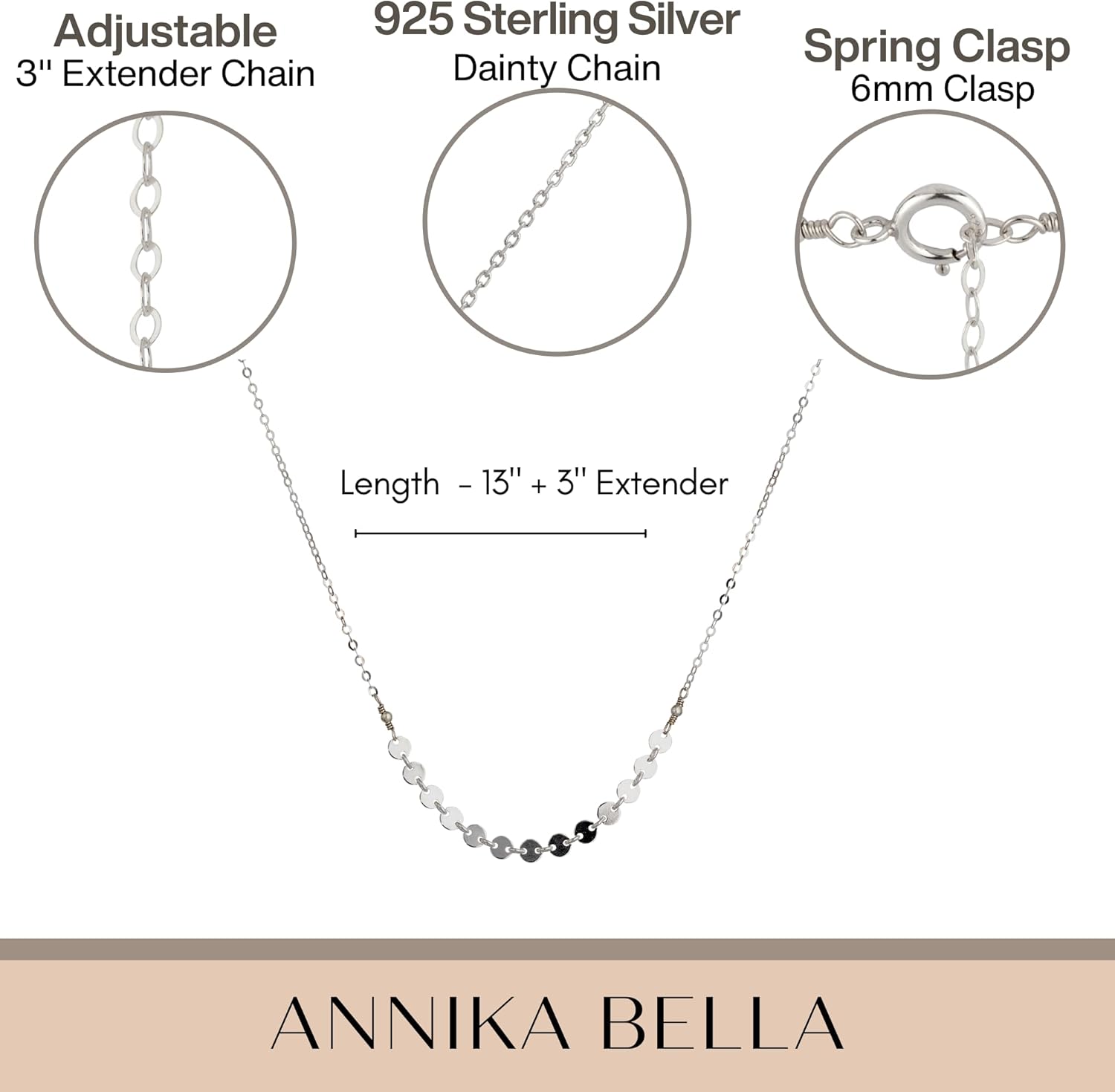 Annika Bella Silver Choker Necklace, Length 13-16 Inches, 925 Sterling Disc Bar Necklace, Waterproof, Handmade Jewelry for Women - Image 6