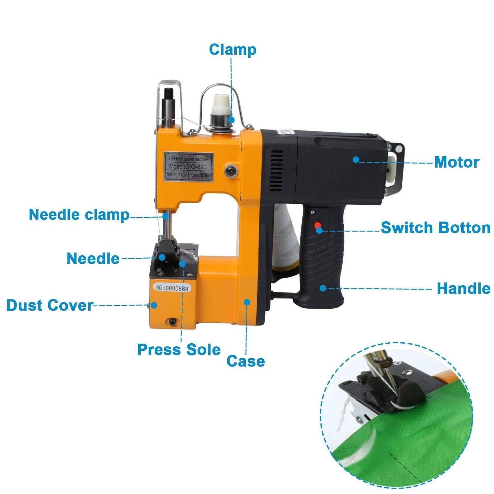 Máquina de coser for cerrar bolsas, cosedora de bolsas de mano, máquina eléctrica for cerrar bolsas, máquina de coser industrial for sellar bolsas con línea, for bolsas de saco/tejido/arroz/piel de se