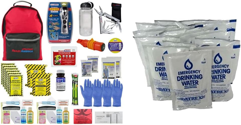Ready America 72 Hour Deluxe Emergency Kit & Datrex Emergency Water Packet 4.227 oz - 3 Day/72 Hour Supply (18 Packs), White