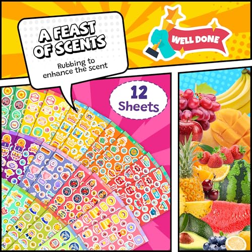 HORIECHALY Smelly Stickers Scratch and Sniff for Kids, 48 Sheets Positive Reward Pattern, 1320 Pieces 12 Scents Funny Scented Stickers, Prize Motivational Tool for Teachers, Students, and Toddlers