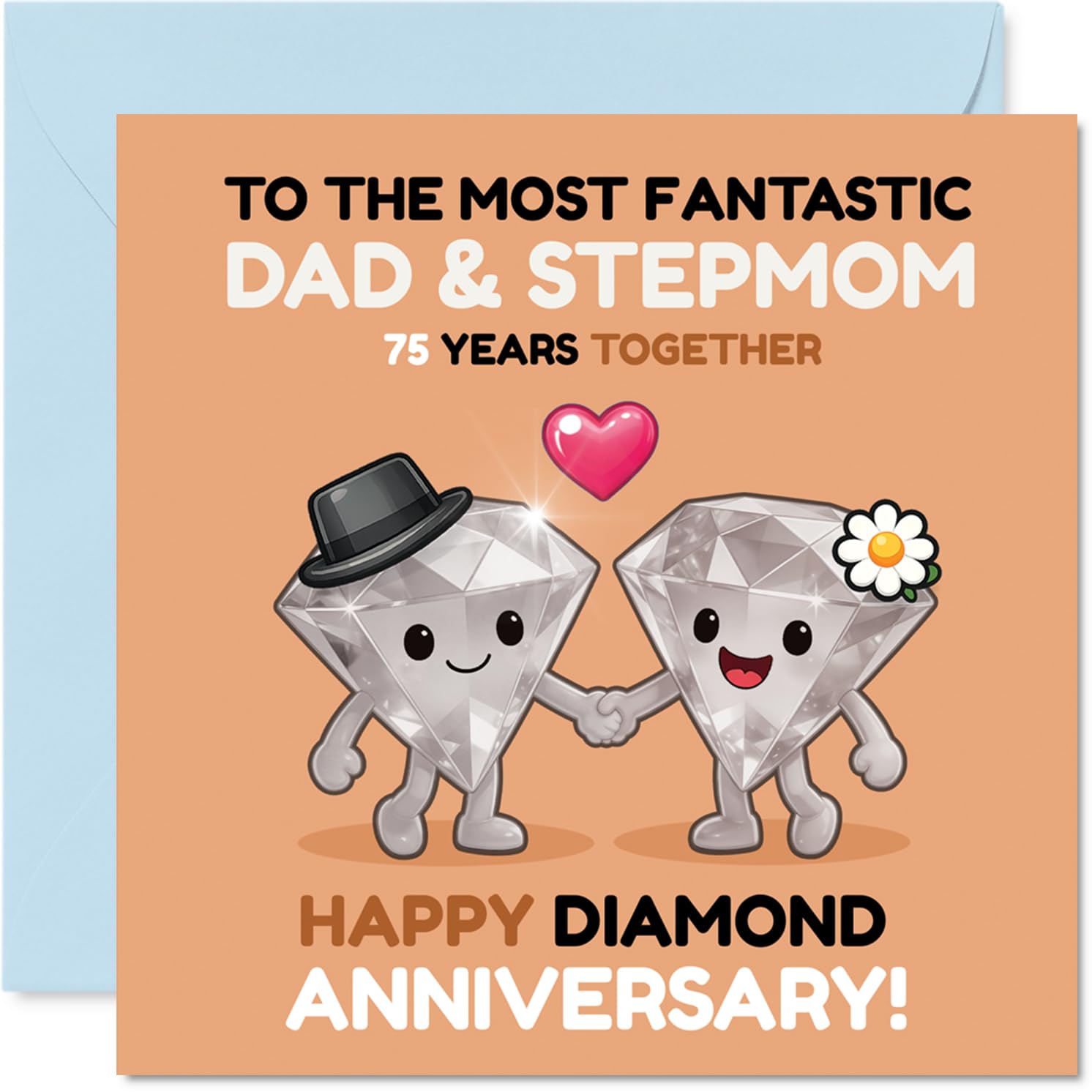 Playful 75th Anniversary Card for Stepmum & Dad - Celebrating 75 Sparkling Years - 145mm Square, Envelope Included