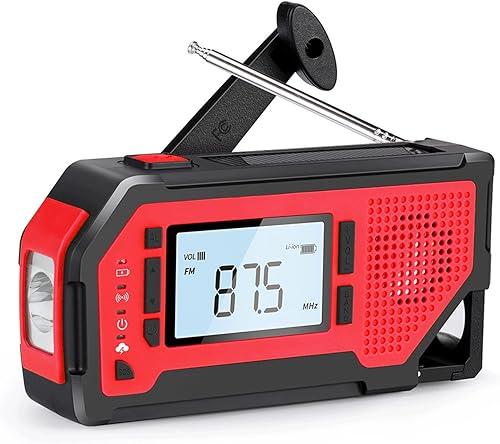 Yannies Emergency Weather Radio with NOAAAMFM, 2000mAh Solar Hand Crank Radio, Portable Radio with LED Flashlight for Home or Emergency (Color  Red)