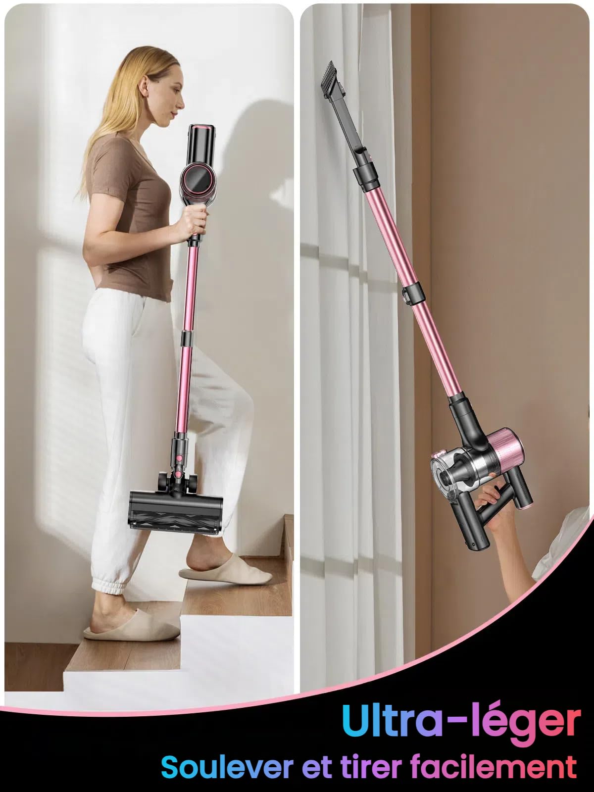 Aspirateur Balai sans Fil 52KPa/500W/45Mins, Écran LED, Tuyau Extensible, Brosse Anti-Enchevêtrement, Filtration 5 Niveaux, Idéal pour Sols Durs, Tapis, Poils d'animaux et Voiture - Rose