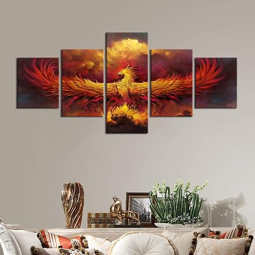 Miniatura 3 de 5 piezas de pintura sobre lienzo ardiente de fénix dibujado en estilo heráldico fuego fénix arte de pared vintage impresiones obras de arte arte