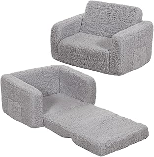 2-in-1 Kids Sofa Bed - Convertible Toddler Chair with Side Pockets & Removable Cover, Lightweight Folding Kids Couch Perfect for Playroom, Toddler Armchair for Children - Grey
