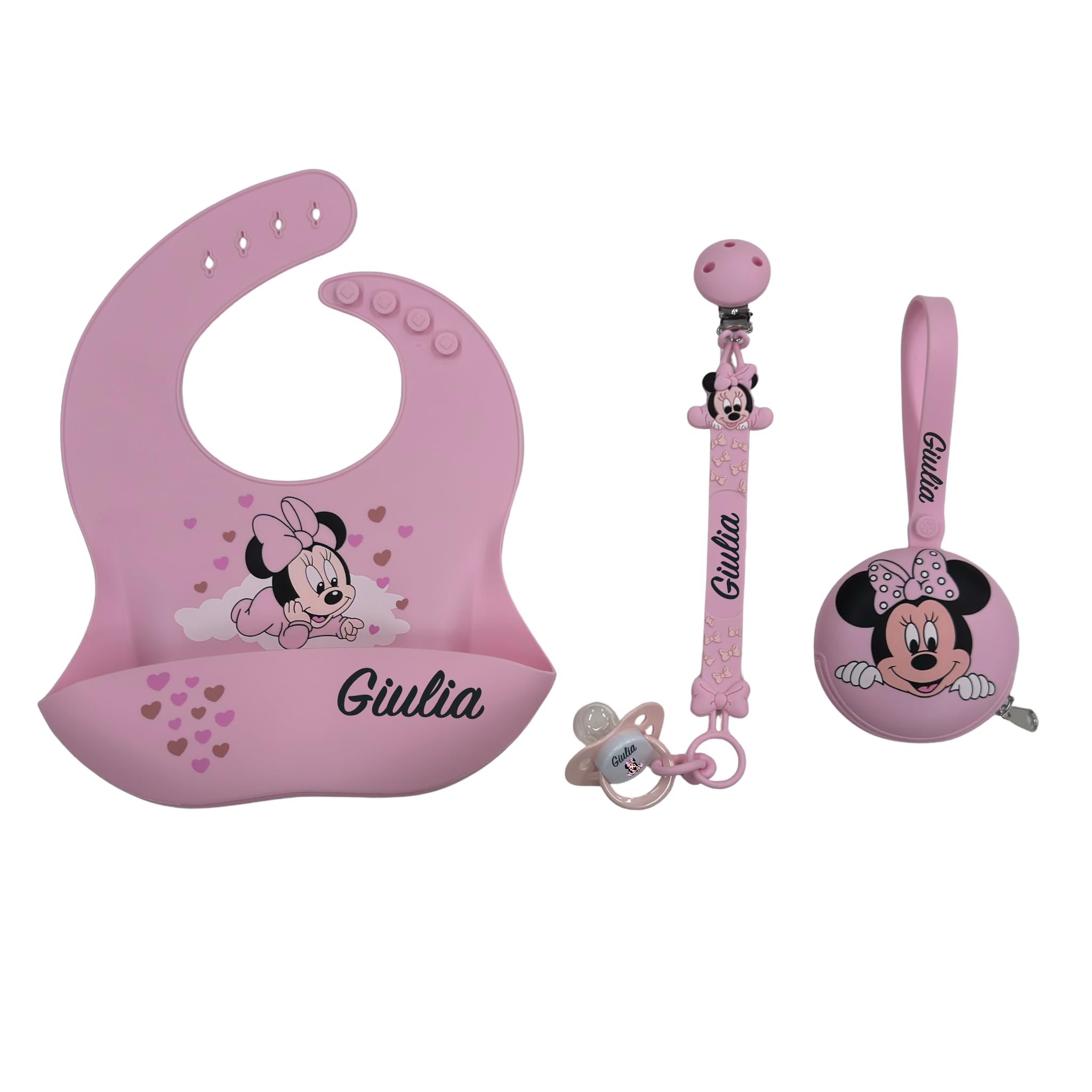 NOVITÁ Fettuccia IN SILICONE, Catenella portaciuccio personalizzata con nome FLAT BABYJART, lavabile, sicura per il bambino, compatibile con ciuccio MAM e CHICCO! (Minnie Rosa Pastello)