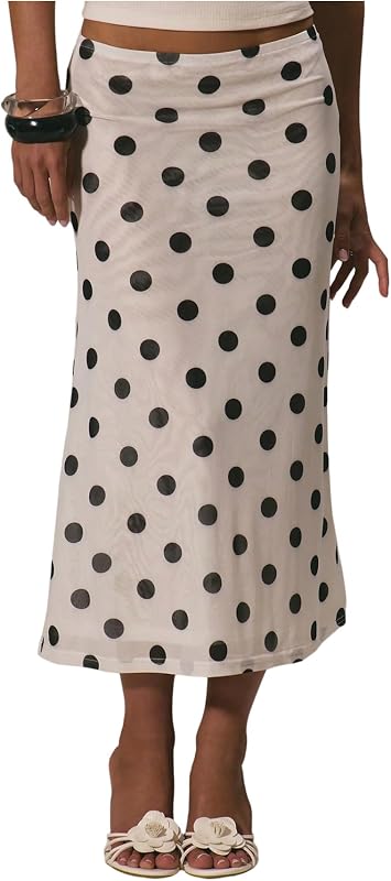 Women's Polka Dots Skirt Summer Mesh Flowy Midi Skirts