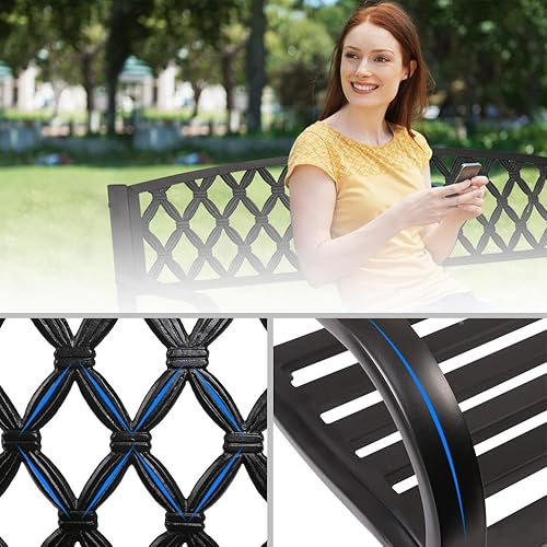 Miniatura 4 de Banco de parque de metal, 50 bancos de jardín, bancos al aire libre, banco de patio, porche, trabajo, entrada, muebles con marco de acero