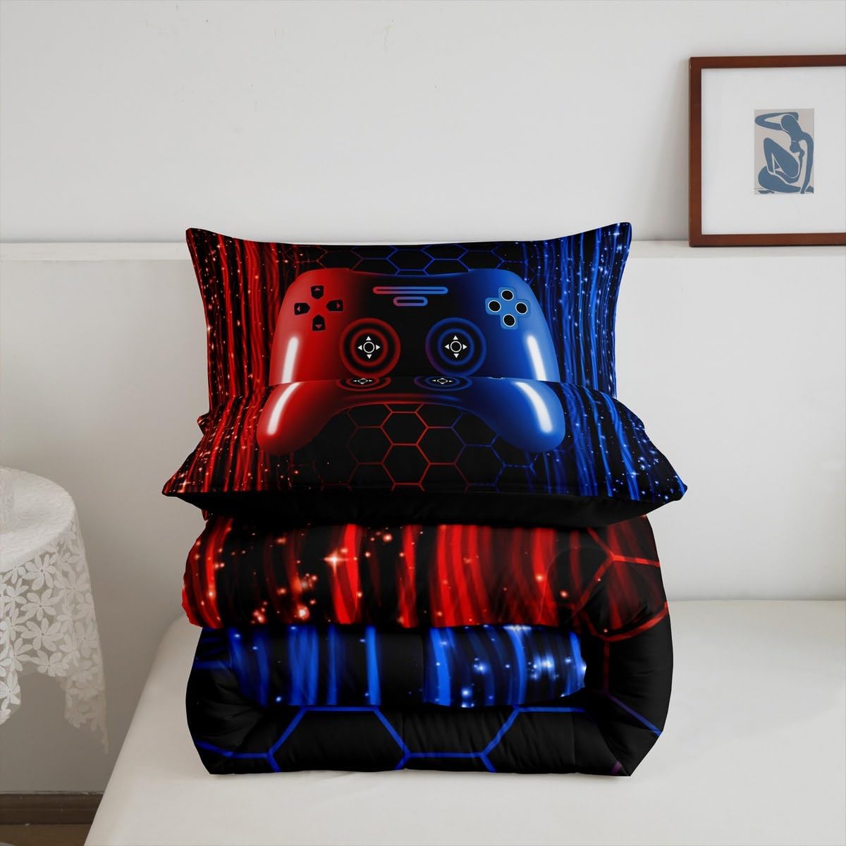 Erosebridal Boys Game Console King Bedding Set Kids Red and Blue Gamer Gaming Comforter Set for Men Teens Ombre Gradient Glowing Stripes Honeycomb Comforter Modern Video Game Quilt Bed Set