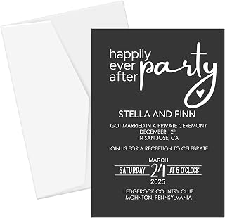 Happily Ever After Invitations Custom Printed Post-Wedding Ceremony Invitations, Elegant We Tied the Knot Invite Cards with Envelopes, 5x7 Inches, Fully Personalizable, Black, White Designs