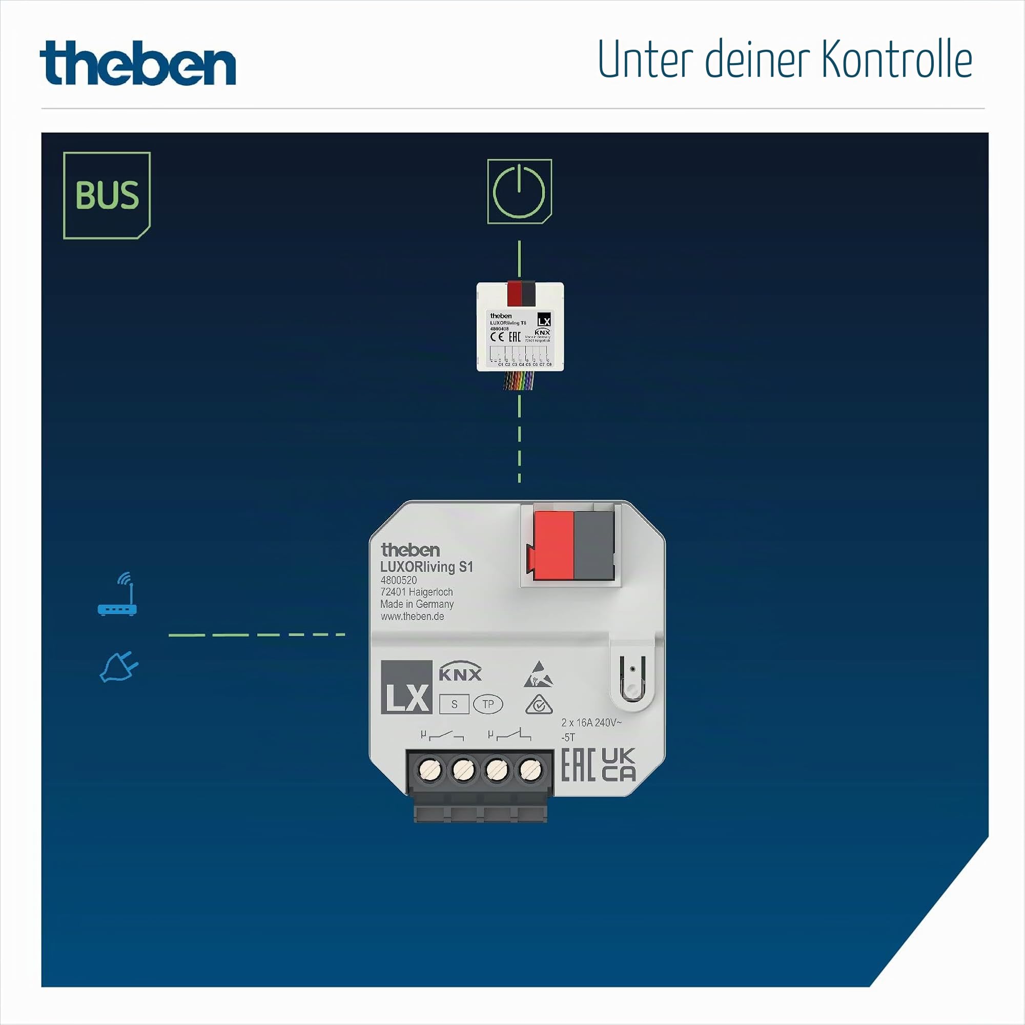 Theben 4800520 LUXORliving S1 Unterputz-Schaltaktor 1-fach | UP, 2 Binäreingänge, Schließer-/Öffner-Kontakt, Schalten, Verzögerung, Impuls, Temperaturüberwachung integriert