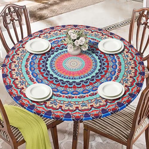ASTNIC Tischdecke Outdoor Elastisch Rund Gartentischdecke Wetterfest Tischtuch Abwischbare Wasserdicht Dauerhaft Kratzfest Tischdecken für Esszimmer Küche Picknick Party (Für Tisch 90cm-110cm)