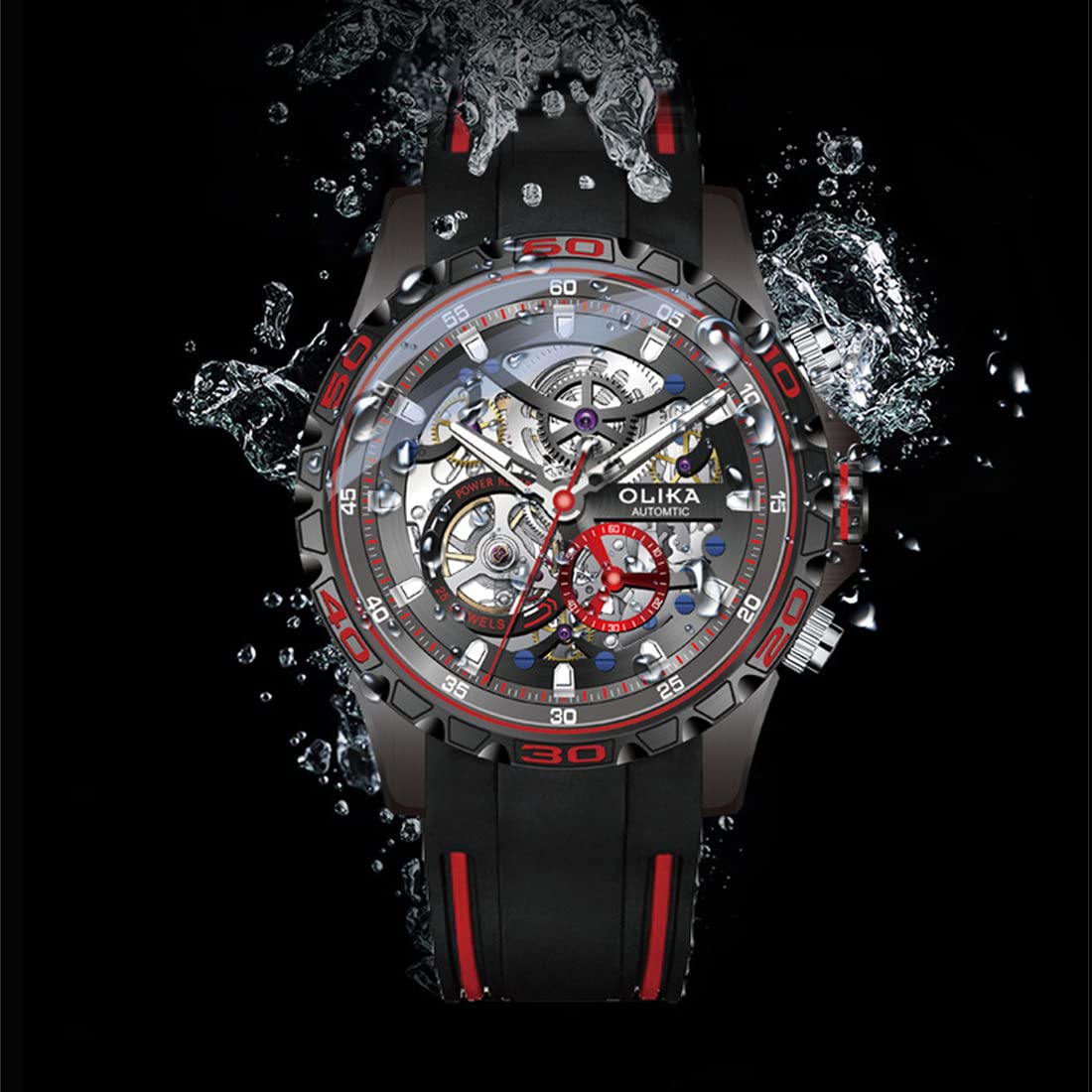 Mode Skelett Wasserdicht Leuchtend Mechanische Uhr, Herren Automatik Mechanische Sport Uhren,Black case red